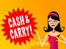 Portada de la slot Cash & Carry con su coqueta protagonista se?alando el título de la máquina.